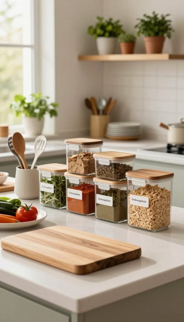 A stylish, modern kitchen workspace setup that emphasizes organization and efficiency, featuring a clean countertop adorned with fresh ingredients like vegetables and herbs. In the foreground, a sleek wooden cutting board and high-quality kitchen utensils are neatly arranged. In the middle, a well-organized set of containers labeled "Ordnungskiste" holds spices and dry goods, adding a touch of warmth with their natural wood finish. The background showcases bright, airy kitchen shelves filled with neatly stacked dishes and potted herbs, bathed in soft, warm natural light streaming through a nearby window. The atmosphere is inviting and calm, evoking a stress-free cooking experience, with a Pinterest-inspired aesthetic that feels both authentic and inspirational.
