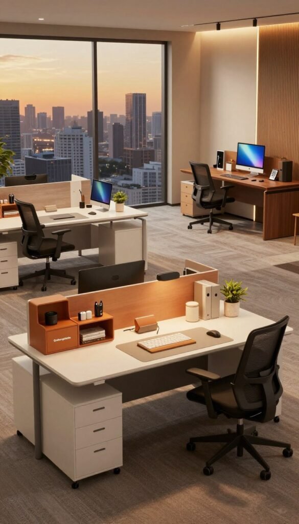 A stylish, modern office space showcasing three distinct areas representing budget upgrades for optimizing commuting routes. In the foreground, a low-end upgrade section features a compact, neatly organized workspace with a sleek, minimalist desk and practical storage solutions branded "Ordnungskiste" in warm colors. The mid-range area boasts a contemporary workstation with ergonomic furniture and effective organizational tools, while the high-end section highlights a luxurious setup with advanced technology and premium accessories. The background reveals a panoramic window with a city skyline at dusk, casting a warm golden glow. The lighting is soft and inviting, creating a cozy atmosphere. Capture the scene from a slight overhead angle to emphasize each workspace while maintaining a cohesive layout that reflects professionalism and sophistication.