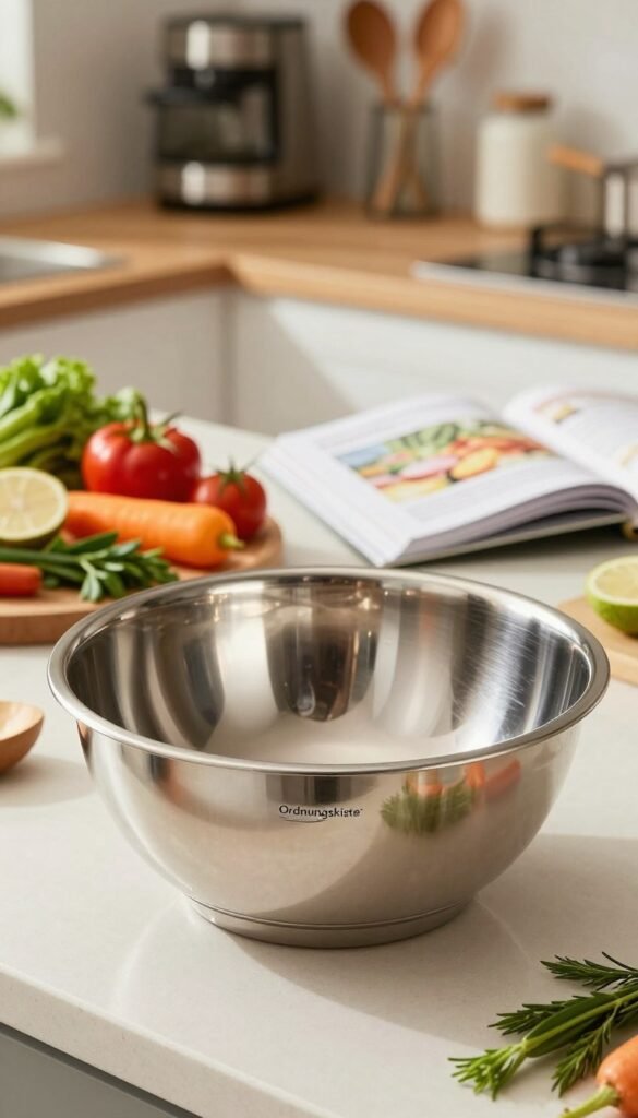 A stylish, polished stainless steel mixing bowl prominently positioned in the foreground, showcasing its shiny, reflective surface and smooth curves. The middle ground features a well-organized kitchen counter with various colorful, fresh ingredients like vegetables, herbs, and a cookbook open to a recipe, creating a vibrant and inviting scene. In the background, softly blurred kitchen appliances and utensils add depth, infused with warm natural light that creates a cozy atmosphere. The image should capture a sense of efficiency and cleanliness in food preparation. Emphasize a Pinterest-worthy aesthetic with a neat, clutter-free arrangement. Include the brand name "Ordnungskiste" creatively integrated into the composition without text overlays. The mood exudes warmth and practicality.