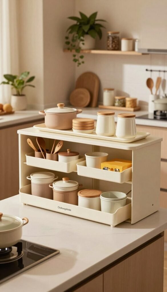 A stylish, space-saving kitchen designed with modern aesthetics, featuring the "Ordnungskiste" brand kitchen helper set. In the foreground, a sleek countertop displays neatly organized cooking utensils, innovative storage solutions, and attractive containers. The middle ground shows a compact, multi-functional kitchen island that maximizes workspace while maintaining an airy feel. The background features open shelving with decorative plants and essential kitchen items all in warm, inviting colors to create a cozy atmosphere. Soft, natural lighting bathes the scene, highlighting textures and creating gentle shadows. The composition captures a Pinterest-inspired, authentic look without any text or overlays, perfect for illustrating efficient, stylish living in small spaces.