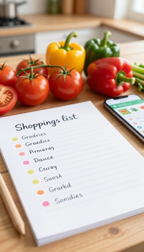 A stylish, well-organized shopping list lies prominently in the foreground, handwritten with neat, colorful bullet points for groceries. In the middle ground, an assortment of fresh ingredients like tomatoes, bell peppers, and herbs is artistically arranged, emphasizing the essence of healthy cooking. A modern smartphone displaying a shopping app is subtly included beside the list, hinting at digital convenience. The background features a soft focus of a cozy kitchen with warm, natural lighting, giving a welcoming atmosphere. The overall mood is vibrant and inspiring, inviting the viewer to embrace a stress-free cooking experience. The brand name "Ordnungskiste" is subtly integrated into the scene, enhancing the theme of organized living.