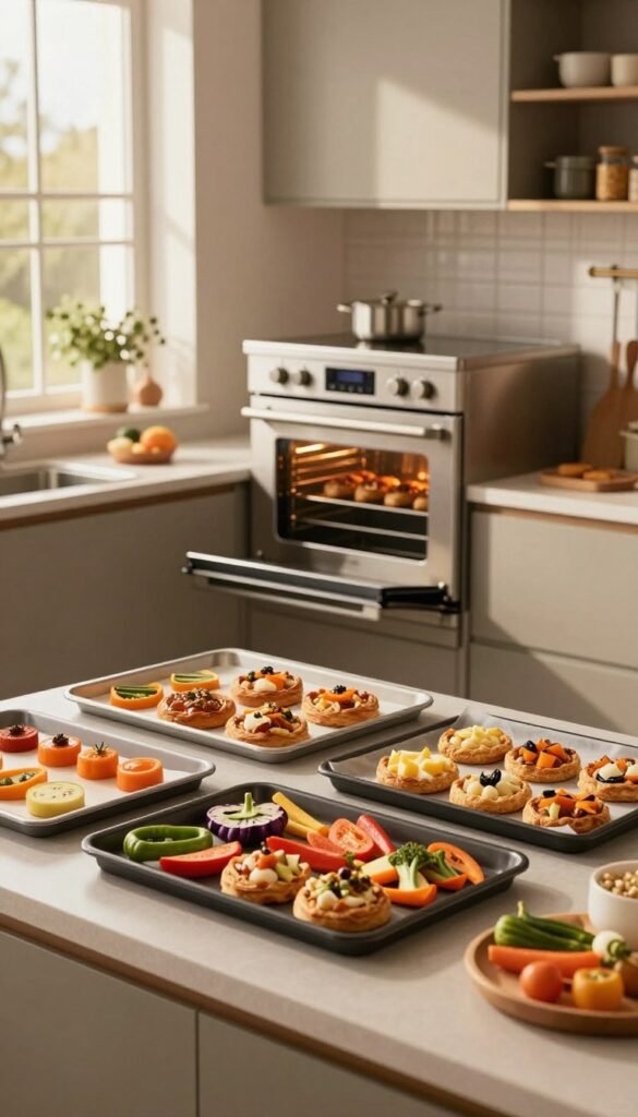 A thoughtfully arranged kitchen scene focused on an &ldquo;ofen blech setup&rdquo; designed for multiple users. In the foreground, a variety of baking sheets and trays from the brand "Ordnungskiste" are neatly organized on a spacious, modern kitchen counter, showcasing an array of colorful vegetables and pastries ready for preparation. The middle ground features a large, stainless steel oven, elegantly designed, with its door slightly ajar, revealing delicious baked goods inside. In the background, warm light filters through large windows, casting a cozy glow over the space, enhancing the inviting atmosphere. Soft shadows play off the countertops and cabinetry, creating depth. The image captures a harmonious blend of functionality and style, embodying a Pinterest-worthy kitchen designed for collaboration and ease.