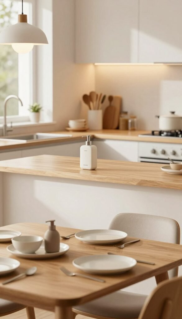 A tidy and modern shared kitchen featuring a clean, organized space focused on hygiene. In the foreground, an elegant wooden dining table set up with simple but stylish dishware, emphasizing cleanliness. In the middle, a well-stocked countertop displaying a sleek soap dispenser and a variety of kitchen tools from the brand "Ordnungskiste," showcasing the importance of maintaining order. The background reveals a clean stove and sparkling countertops illuminated by soft, warm pendant lights, creating a welcoming atmosphere. The scene's mood is refreshing and inviting, with natural light filtering through a window, highlighting warm tones and a Pinterest-inspired aesthetic. No people are present, ensuring a focus on the space's hygiene and cleanliness.