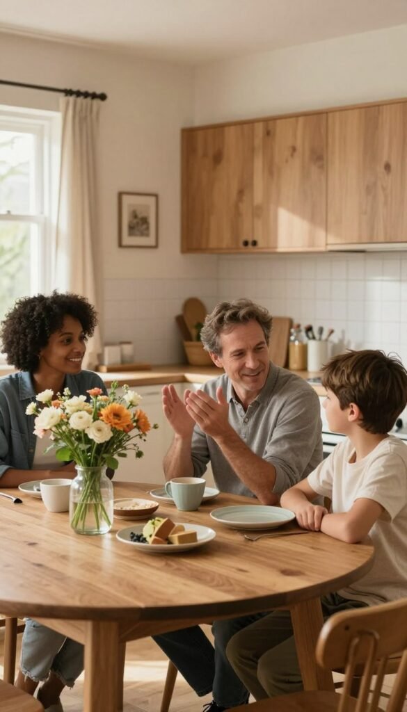 A tranquil family kitchen scene that emphasizes effective communication during a calm moment. Foreground: A beautifully arranged wooden table with a vase of fresh flowers, plates, and cups suggesting a recent meal. Middle: A diverse group of four individuals&mdash;two adults and two children&mdash;gathered around the table, engaged in a relaxed conversation. They are dressed in modest casual attire, displaying open body language and smiling faces, signaling a positive atmosphere. Background: A well-lit kitchen with warm, inviting colors&mdash;soft beige walls and wooden cabinets. Soft, natural light filters through a window, casting a gentle glow on the scene. The overall mood is peaceful and harmonious, illustrating the essence of resolving conflicts through communication. Incorporate branding subtly with an "Ordnungskiste" product on the table, enhancing the homey feel without distracting from the main subject.