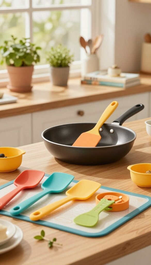 A vibrant and aesthetically pleasing kitchen scene showcasing a "Silikon-K&uuml;chenhelfer-Set" from the brand "Ordnungskiste". In the foreground, a colorful array of silicone utensils including spatulas, baking mats, and measuring cups, arranged neatly on a wooden countertop. In the middle of the image, highlight a modern non-stick frying pan, featuring the silicone utensils interacting with it, emphasizing their anti-stick properties. In the background, soft natural light filters through a kitchen window, casting warm hues across the scene, creating an inviting atmosphere. The kitchen is styled in a cozy, Pinterest-inspired manner, with herb pots and cookbooks subtly placed, enhancing the homey feel. No overlay text or logos.