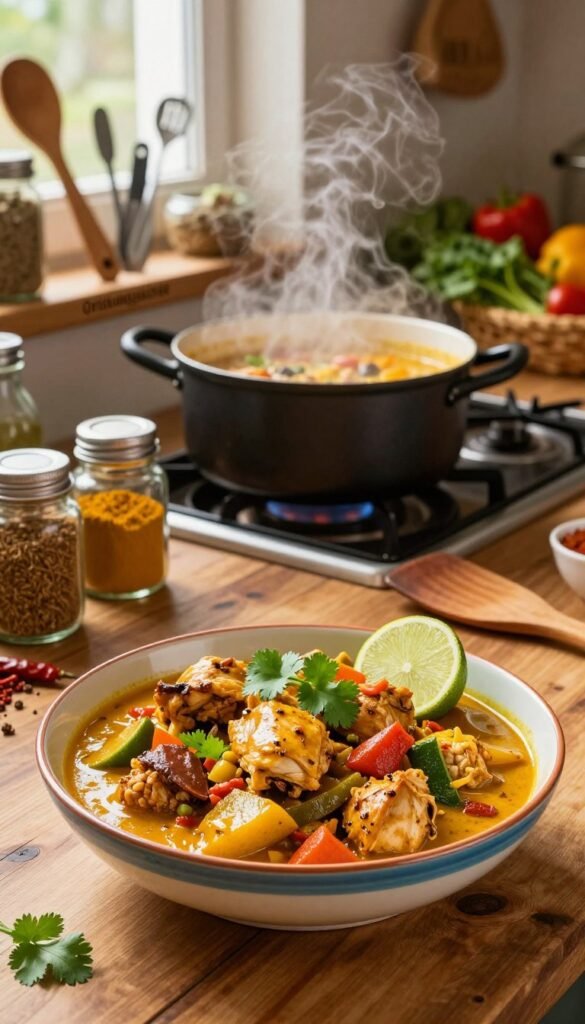 A vibrant and appetizing scene of a quick curry dish showcased in a rustic kitchen setting. In the foreground, a colorful bowl of curry filled with mixed vegetables and tender chicken pieces, garnished with fresh cilantro and a slice of lime, sits on a wooden table. The middle ground features a pot steaming on a stove, surrounded by various spices in glass jars, including turmeric, cumin, and chili powder, with a wooden spatula resting nearby. In the background, warm, natural lighting filters through a window, highlighting a shelf labeled "Ordnungskiste" filled with cooking utensils and fresh produce. The atmosphere is inviting and homely, with an emphasis on a quick, delicious meal ideal for busy cooks.