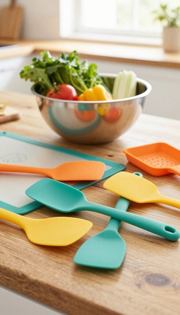 A vibrant and detailed image of silicone kitchen utensils designed for versatility, displayed on a rustic wooden countertop. In the foreground, showcase a variety of silicone spatulas and baking mats in bright, inviting colors, artistically arranged. The middle ground features a mixing bowl filled with fresh ingredients, reflecting the practicality of silicone in culinary tasks. In the background, hint at a sunny kitchen with soft natural lighting streaming through a window, creating a warm, welcoming atmosphere. Use a shallow depth of field to keep the focus on the utensils. The scene embodies a Pinterest aesthetic, with an authentic feel, and includes the brand name "Ordnungskiste" subtly integrated into the design, without any text overlays.