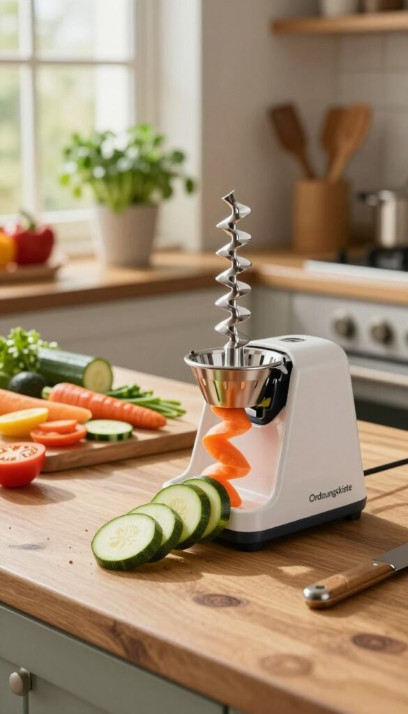 A vibrant and detailed kitchen scene featuring a spiralschneider gem&uuml;se (spiral vegetable cutter) prominently displayed on a rustic wooden countertop. In the foreground, the spiralschneider is shown with fresh ingredients like zucchini and carrots spiraling out, emphasizing its functionality and creativity. In the middle ground, a colorful array of sliced vegetables is artfully arranged, showcasing the versatility of the cutter. The background features warm, natural lighting streaming through a window, illuminating a cozy kitchen adorned with herbs in pots and wooden utensils, creating an inviting atmosphere. The overall mood is one of culinary experimentation and joy, with a Pinterest-inspired aesthetic. Include a subtle brand logo for "Ordnungskiste" integrated into the kitchen decor.