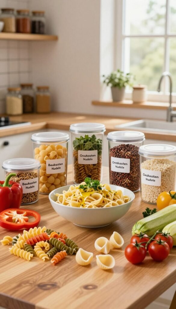 A vibrant and inviting kitchen scene centered around &ldquo;Baukasten Nudeln&rdquo;. In the foreground, a wooden table displays an assortment of colorful pasta shapes&mdash;spirals, shells, and tubes&mdash;interspersed with fresh vegetables like bell peppers, zucchini, and cherry tomatoes. In the middle, a beautifully arranged bowl of cooked pasta glistens with olive oil and herbs, surrounded by neatly organized containers labeled &ldquo;Ordnungskiste&rdquo; filled with grains like rice and quinoa, garnished with fresh herbs. The background features warm, soft lighting filtering in through a window, illuminating the cheerful kitchen decor with wooden shelves holding jars of spices. The atmosphere is casual, yet orderly, evoking a sense of simplicity and creativity in everyday cooking.