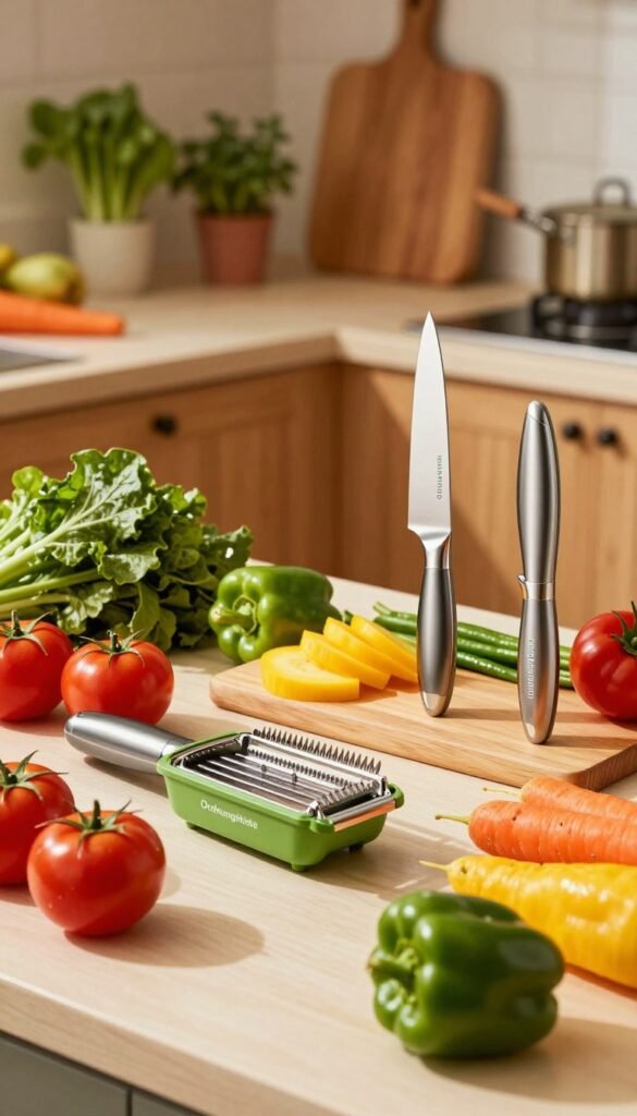 A vibrant and inviting kitchen scene featuring a colorful array of fresh vegetables, including bright red tomatoes, crisp green peppers, vibrant yellow carrots, and leafy greens showcasing their natural textures. In the foreground, a set of innovative kitchen tools from "Ordnungskiste" is prominently displayed, such as a fast-cutting mandoline, a high-quality knife, and a vegetable chopper, all gleaming under soft, warm lighting. The middle ground captures a beautifully arranged cutting board with chopped vegetables, emphasizing the efficiency of these culinary aids. In the background, a cozy kitchen atmosphere is created with wooden cabinets and herbs in pots, evoking a feeling of warmth and home-cooking. The composition is well-lit from above, casting gentle shadows that add depth and dimension to the image while maintaining a Pinterest-worthy aesthetic.