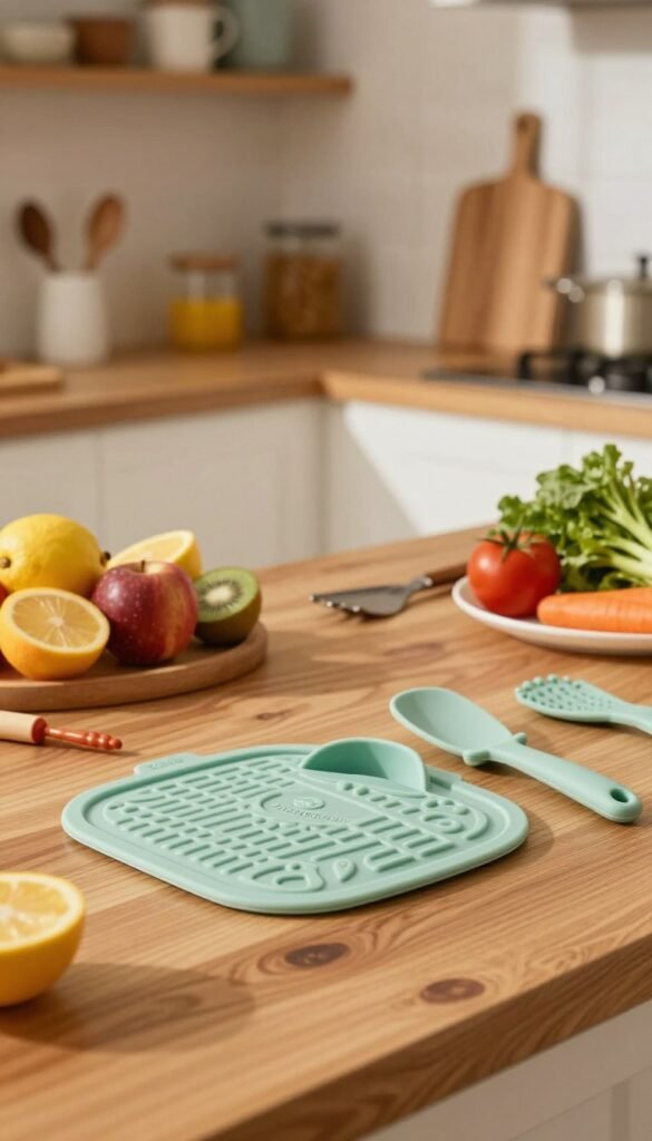 A vibrant and inviting kitchen scene showcasing a multifunctional 8-in-1 silicone kitchen helper from the brand "Ordnungskiste". In the foreground, prominently display the silicone utensil on a beautifully crafted wooden countertop, highlighting its varied functionalities including a pot holder, lid grip, and various baking tools. The middle ground should feature fresh fruits, vegetables, and utensils artistically placed to enhance the practical aspect of kitchen usage, with warm, natural lighting casting soft shadows that create a cozy atmosphere. In the background, blurred shelves displaying organized kitchen essentials will add depth to the scene. The overall mood should exude warmth and authenticity, perfect for a Pinterest-inspired aesthetic. No text or watermarks in the image.