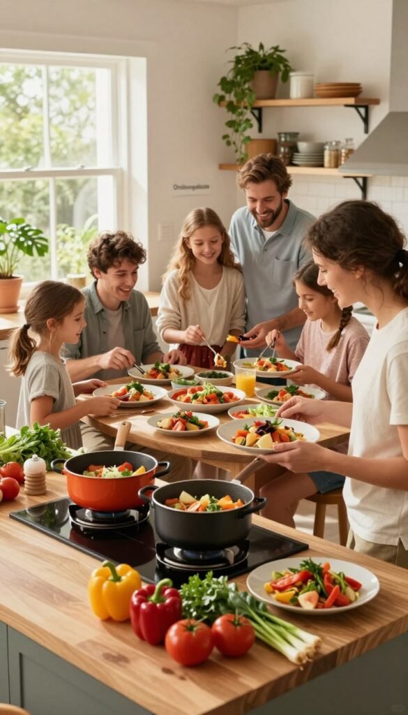 A vibrant and inviting kitchen scene showcasing a variety of 30-minute meal preparations. In the foreground, a stylish wooden countertop laden with colorful, fresh ingredients like bell peppers, tomatoes, and herbs, alongside pots and pans simmering on the stove. In the middle, a cheerful family gathered around the table, dressed in casual, modest clothing, enthusiastically plating their dishes together. The background features warm, natural lighting streaming through a window, highlighting a cozy atmosphere adorned with plants and organized kitchen shelves labeled with "Ordnungskiste." The overall mood is bright and lively, embodying the essence of quick, family-friendly cooking. The image captures the joy and efficiency of mealtime in a modern family kitchen, emphasizing the concept of time-saving cooking.