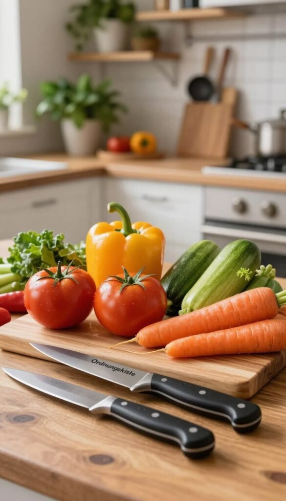 A vibrant and inviting kitchen scene showcasing a variety of fresh vegetables, including bell peppers, tomatoes, zucchini, and carrots, elegantly arranged on a wooden cutting board. In the foreground, a set of high-quality kitchen tools labeled "Ordnungskiste," such as a chef's knife and a vegetable peeler, lie ready for use. The middle ground features a rustic kitchen table adorned with soft, natural lighting that highlights the glossy textures of the vegetables. In the background, blurred shelves filled with herbs and cooking utensils enhance the homely atmosphere. The overall mood is warm and welcoming, evoking a sense of comfort and efficiency, perfect for family cooking.