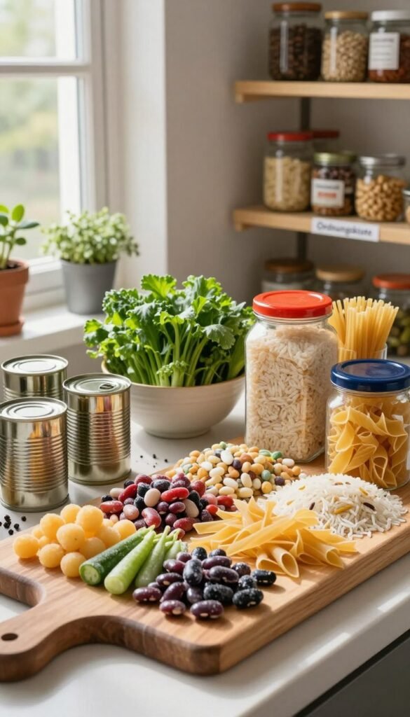 A vibrant and inviting kitchen scene showcasing a variety of quick-cooking vegetable ingredients. In the foreground, a wooden cutting board displays colorful frozen vegetables, canned beans, and pantry staples like rice and pasta arranged artfully. The middle ground features a bowl of fresh herbs and spices, hinting at flavor and freshness. Soft, natural lighting filters in from a window, creating a warm atmosphere, with gentle shadows accentuating the fresh ingredients. In the background, neatly organized shelves labeled 'Ordnungskiste' exhibit jars of staples and canned goods. The setting conveys a sense of homey efficiency and culinary creativity, perfect for busy cooks looking for quick and dependable meal solutions.