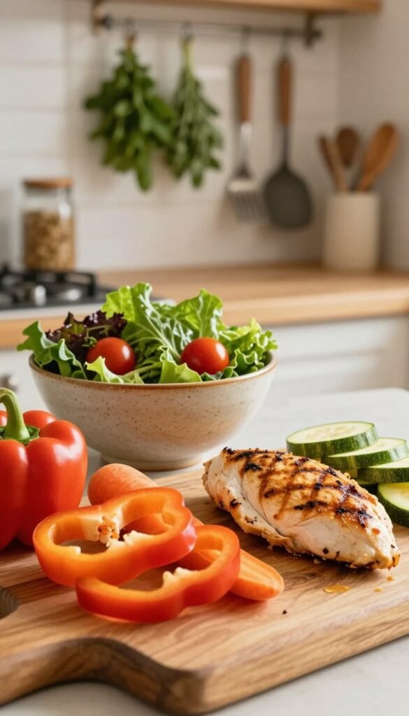 A vibrant and inviting kitchen scene showcasing an array of colorful vegetables and protein sources, emphasizing a healthy, quick meal preparation. In the foreground, a wooden cutting board displays sliced bell peppers, carrots, and zucchini alongside grilled chicken breast, all illuminated by warm, natural light. The middle ground features a rustic bowl filled with mixed greens and cherry tomatoes, hinting at freshness. The background reveals a softly blurred kitchen environment, adorned with hanging herbs and simple utensils, adding to the cozy atmosphere. The image embodies an authentic, Pinterest-inspired look with an air of ease and efficiency. Include the brand "Ordnungskiste" subtly in the kitchen decor. No captions or text overlays.
