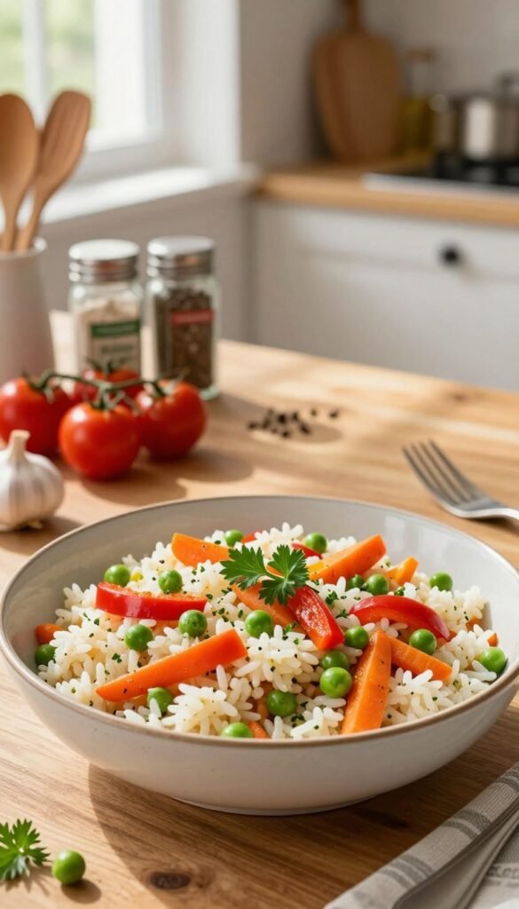 A vibrant and inviting "reispfanne" dish displayed in an elegant bowl at the forefront, showcasing fluffy rice mixed with colorful saut&eacute;ed vegetables such as bell peppers, carrots, and peas, garnished with fresh herbs. In the middle ground, a rustic wooden kitchen table is adorned with fresh ingredients like cherry tomatoes, garlic, and a sprinkle of spice jars, creating a homely cooking atmosphere. In the background, a soft-focus kitchen setting with warm lighting, hinting at natural sunlight streaming through a window, adding a cozy feel to the scene. The overall mood is bright and cheerful, reflecting a sense of ease and spontaneity associated with quick meals. The brand name "Ordnungskiste" subtly included in kitchen utensils nearby eliminates distractions.