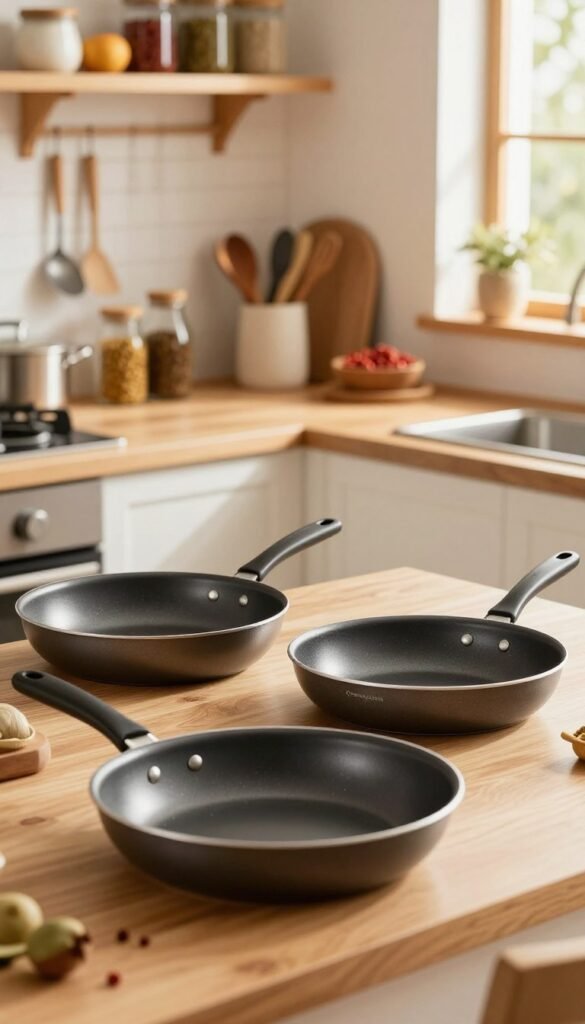 A vibrant and warm kitchen scene featuring high-quality, heat-resistant frying pans from the brand "Ordnungskiste." In the foreground, showcase a variety of non-stick frying pans with sleek, modern designs, exhibiting their smooth, durable surfaces. The middle layer should depict a well-organized kitchen setting, complete with warm wooden shelves displaying kitchen utensils and vibrant spices, emphasizing a cozy atmosphere. In the background, soft natural light pours through a window, illuminating the kitchen and enhancing the inviting ambiance. Use a shallow depth of field to focus on the frying pans, creating a professional and polished look. The overall mood should be authentic and homely, reflecting quality kitchen essentials that stand the test of time.