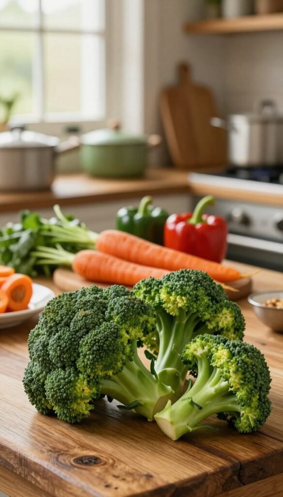A vibrant arrangement of fresh, green broccoli heads in the foreground, showcasing their intricate florets and deep green hues, set on a rustic wooden kitchen table. In the middle, a selection of colorful vegetables like carrots and bell peppers adds contrast, highlighting variety and freshness. The background features softly blurred kitchen elements such as pots, pans, and a rustic window allowing warm, natural light to filter in, creating a cozy atmosphere. The overall mood is authentic and inviting, capturing the essence of home cooking. The image adheres to a warm color palette for a Pinterest-like aesthetic, emphasizing natural beauty and simplicity. Include a subtle branding element of "Ordnungskiste" on a small kitchen item, ensuring it does not detract from the composition.