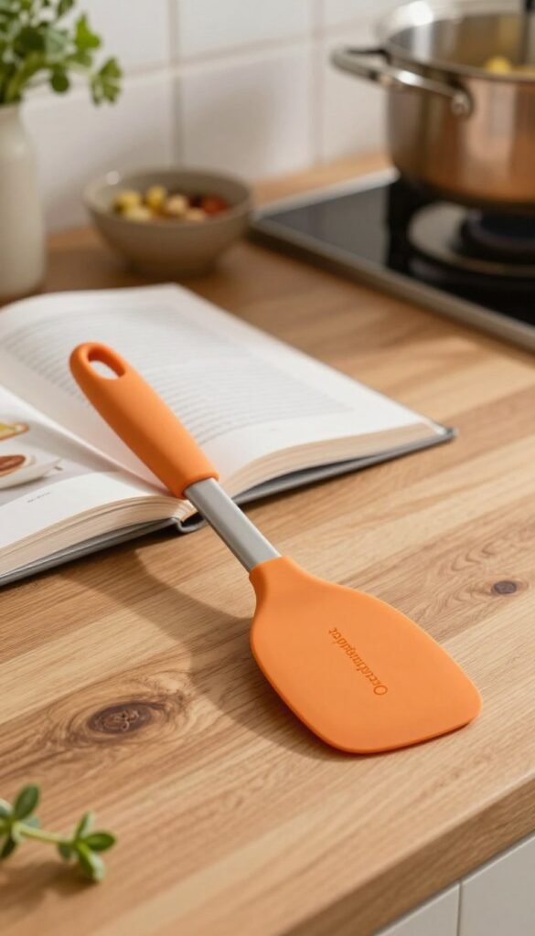 A vibrant, close-up image of a high-quality silicone spatula, branded "Ordnungskiste," resting on a rustic wooden kitchen countertop. The spatula features a sleek design with a soft, non-slip grip, showcasing its flexible silicone blade. In the foreground, soft natural lighting enhances the warm tones of the kitchen, casting gentle shadows. In the middle, a blurred view of an open recipe book and a small bowl of mixed ingredients adds depth to the scene. In the background, hints of fresh herbs and a pot simmering on the stove create a cozy cooking atmosphere. The overall composition conveys a sense of culinary warmth and practicality, ideal for everyday cooking and baking scenarios, capturing the essence of heat-resistant kitchen tools.