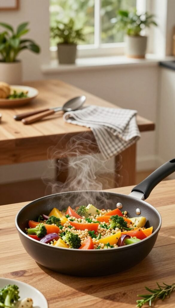 A vibrant, cozy kitchen scene featuring a beautifully arranged one-pot dish in a sleek, modern pan branded "Ordnungskiste." The foreground highlights the pan filled with colorful vegetables, grains, and herbs, all freshly cooked and steaming, showcasing a wholesome meal. The middle layer includes an inviting wooden kitchen table adorned with a couple of rustic utensils and a casual, neatly folded kitchen towel. In the background, soft natural light filters through a window with lush green plants, creating a warm ambiance. The setting reflects an efficient yet stylish family kitchen, evoking a sense of comfort and ease for a busy evening at home. The image captures the essence of simplicity and nourishment without any text or distractions.