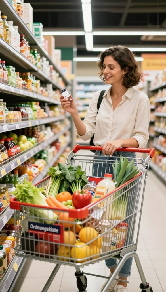 A vibrant grocery shopping scene featuring a well-organized grocery cart prominently in the foreground filled with fresh veggies, fruits, and staple items. The cart is labeled "Ordnungskiste," embodying a sense of order and efficiency. In the middle ground, a cheerful shopper, dressed in neat casual clothing, inspects price tags with a thoughtful expression, highlighting the importance of budget-friendly shopping. The background showcases a modern supermarket with neatly arranged aisles and bright, inviting lighting that emphasizes a warm atmosphere. The angle captures the shopper from a slightly elevated perspective, allowing for a clear view of the cart and facial expressions. The overall mood is positive and encouraging, reflecting the benefits of planning and saving money while shopping.