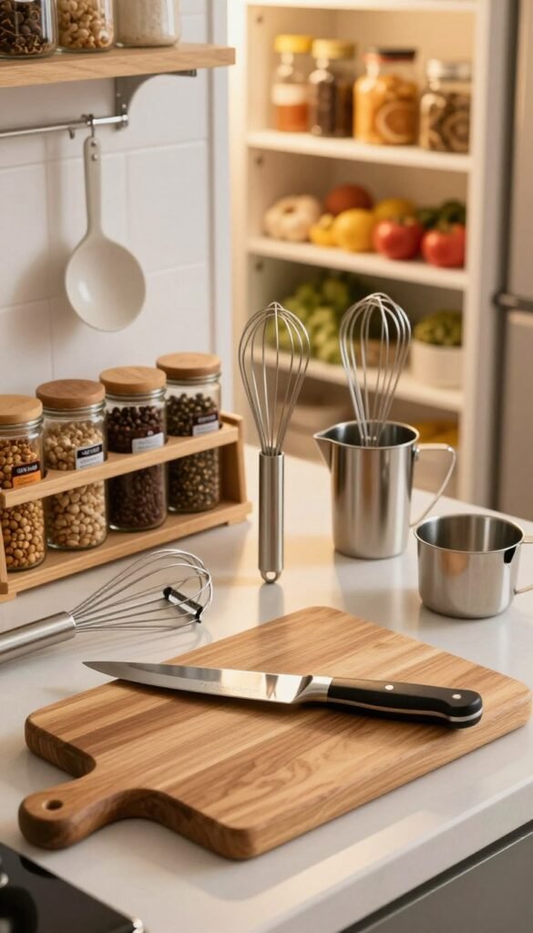 A vibrant kitchen countertop featuring high-quality kitchen tools and utensils, showcasing the concept of durability. In the foreground, a sturdy wooden cutting board with a gleaming stainless steel knife resting on it, surrounded by various kitchen helpers like a dependable peeler, a durable whisk, and a set of strong measuring cups. The middle ground features a well-organized spice rack with neatly labeled jars, while the background reveals a softly lit open pantry filled with well-preserved ingredients. The lighting is warm and inviting, casting a soft glow on the scene, emphasizing the quality of the tools. The overall atmosphere is cozy and practical, with a Pinterest-inspired aesthetic. Include the brand name "Ordnungskiste" subtly integrated into the design of one of the kitchen tools.