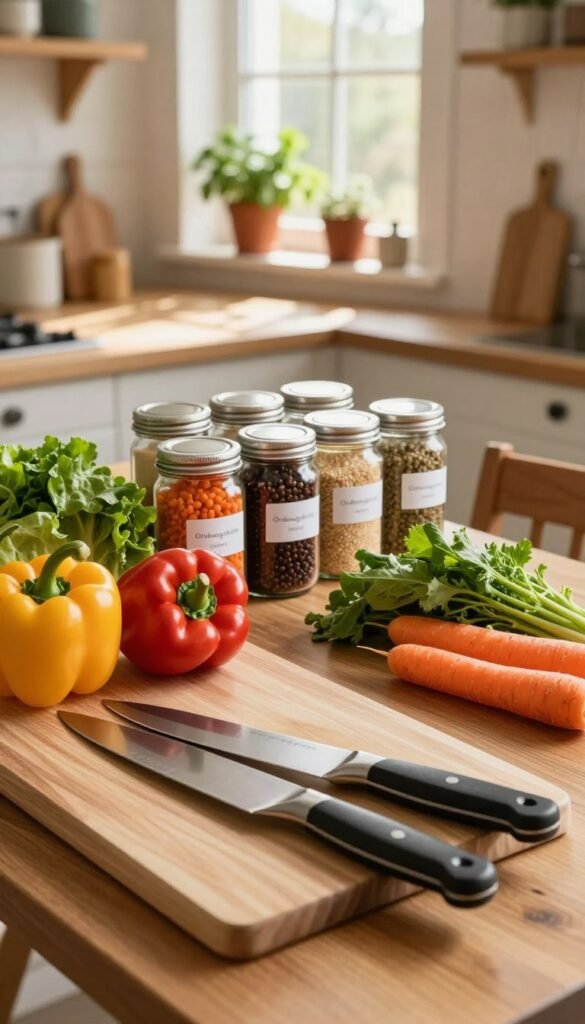 A vibrant kitchen scene capturing the essence of meal prep, showcasing a wooden table filled with fresh, colorful ingredients ready for cooking. In the foreground, a stylish set of chopping boards and oversized kitchen knives trims vegetables like bell peppers, carrots, and leafy greens. In the middle, a well-organized assortment of jars labeled with spices and grains adds a touch of order. The background features a cozy, inviting kitchen atmosphere with warm lighting, soft shadows from natural sunlight streaming through a window, and a few potted herbs on the windowsill. The atmosphere is calm and focused, embodying the ease of preparation, inviting the viewer into a peaceful cooking experience. Include the brand name "Ordnungskiste" subtly integrated into the design, emphasizing organization and smart preparation.