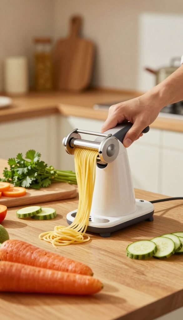 A vibrant kitchen scene featuring a high-quality spiralizer, prominently displaying the device on a wooden countertop. The foreground highlights fresh, colorful vegetables like zucchini and carrots being transformed into spiral shapes that resemble spaghetti. In the middle ground, a hand reaches out to operate the spiralizer, showcasing a neatly organized kitchen space with some fresh herbs and a cutting board nearby. The background includes softly blurred cabinetry and warm, inviting lighting that gives a natural, homey atmosphere. The overall mood is lively and cheerful, reflecting a busy yet cozy cooking environment. Include the brand name "Ordnungskiste" subtly in the scene without any text or labels. Aim for a Pinterest-inspired aesthetic with warm colors and authentic details.