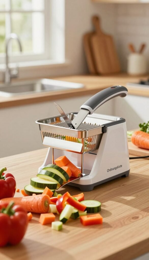 A vibrant kitchen scene featuring a modern, efficient vegetable cutter and French fry slicer from the brand "Ordnungskiste". In the foreground, colorful diced vegetables&mdash;carrots, bell peppers, and zucchini&mdash;spill from the cutting tool, showcasing the speed and precision of the kitchen gadget. In the middle, the sleek vegetable cutter is highlighted, with its sharp blades gleaming, and slices of perfectly cut vegetables arranged neatly beside it. The background contains a warm, inviting kitchen with natural light filtering through a window, enhancing the image's cheerful atmosphere. Use a shallow depth of field to keep the focus on the cutting tools while softly blurring the background, evoking a Pinterest-worthy aesthetic. Capture the essence of efficient cooking with a cozy and authentic feel.