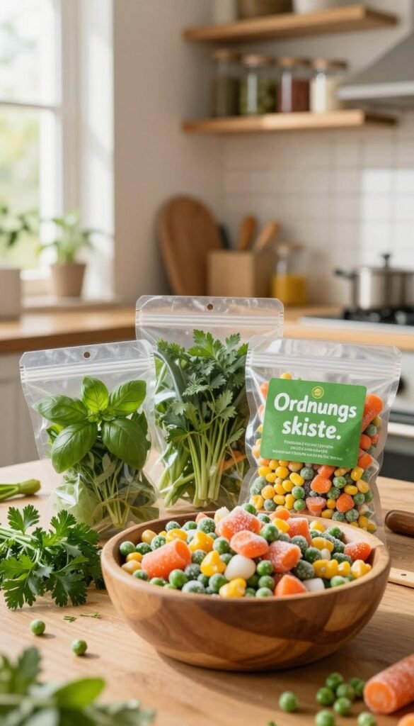 A vibrant kitchen scene featuring an array of frozen vegetables and herbs, prominently showcasing a product labeled "Ordnungskiste." In the foreground, there's a wooden bowl filled with colorful mixed frozen vegetables like peas, carrots, and corn, glistening under soft, warm lighting. In the middle, packages of herbs like basil and parsley are artfully arranged beside the bowl, exuding freshness. The background reveals a cozy kitchen environment with rustic shelves lined with jars, creating a homely atmosphere. Natural light streams through a window, casting a gentle glow and enriching the warm color palette. The overall mood is inviting and inspiring, capturing the essence of stress-free family cooking without any text or distractions.