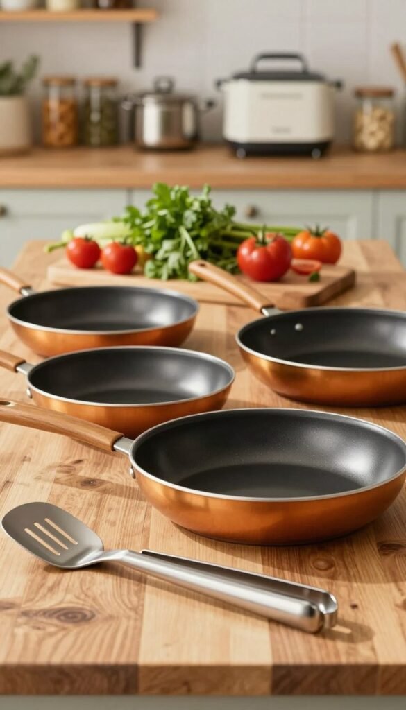 A vibrant kitchen scene featuring an array of high-quality frying pans (Pfannen) arranged neatly on a rustic wooden countertop, showcasing their gleaming surfaces reflecting warm light. In the foreground, place a stylish spatula and tongs made of stainless steel, adding a touch of elegance. The middle ground should include a selection of fresh vegetables and herbs, emphasizing the culinary theme. In the background, soft-focus kitchen appliances and shelves filled with jars create a homely atmosphere. Use bright, natural lighting to create inviting warmth, captured from a slightly elevated angle to provide depth. This image evokes a cozy, professional kitchen environment. Incorporate the brand name "Ordnungskiste" subtly into the design to enhance authenticity, ensuring a Pinterest-worthy aesthetic without any text overlays or distractions.