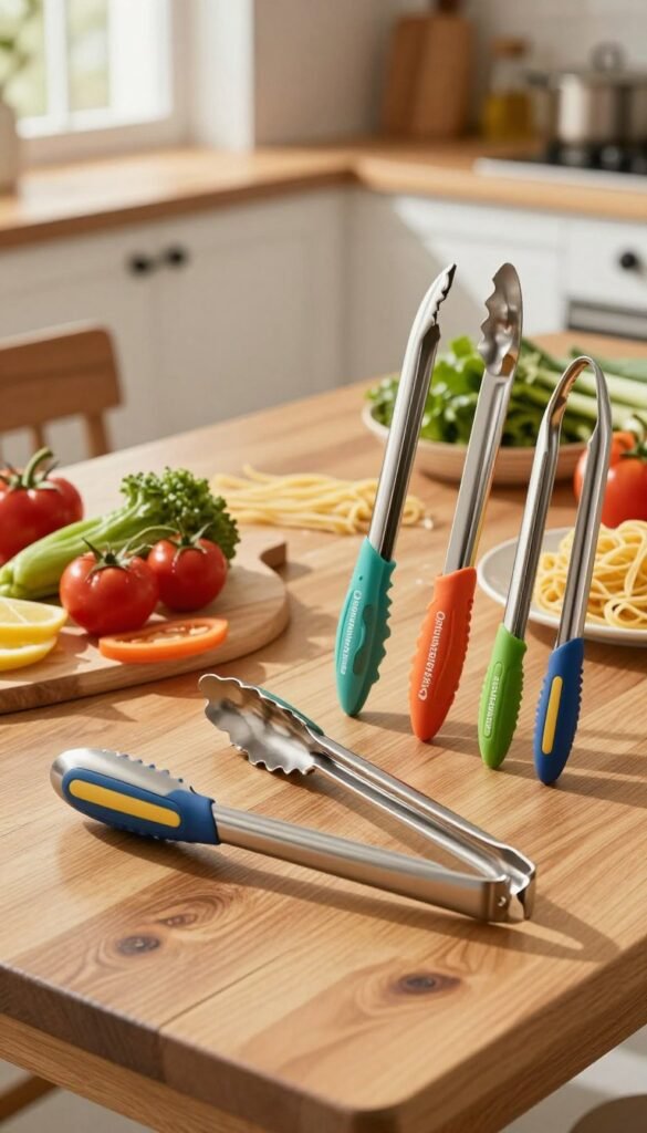 A vibrant kitchen scene featuring an assortment of zangen, nudelzangen, and greifer from the brand "Ordnungskiste". In the foreground, showcase various kitchen tongs in polished stainless steel and colorful silicone grips, elegantly arranged to highlight their ergonomic designs. In the middle ground, depict a rustic wooden table with a variety of fresh vegetables and pasta ready to be served, emphasizing portioning and serving capabilities. The background should feature warm tones with soft, natural light streaming through a window, casting gentle shadows that enhance the inviting ambiance. The overall mood should feel cozy and functional, perfectly blending modern kitchenware with a touch of homey charm, creating an authentic Pinterest-inspired look.