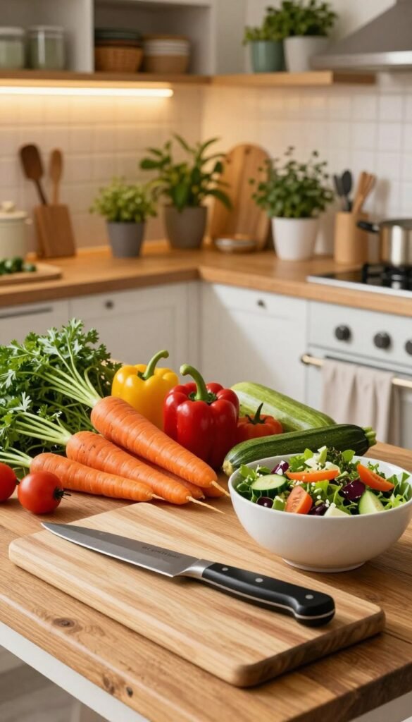 A vibrant kitchen scene featuring an organized workspace filled with fresh, colorful vegetables like carrots, bell peppers, and zucchinis, arranged artfully. In the foreground, a wooden cutting board with a chef&rsquo;s knife rests beside an inviting bowl of salad ingredients, showcasing a homely and stress-free cooking atmosphere. The middle ground includes a rustic wooden table set with neatly organized kitchen tools, promoting a sense of order. The background displays warm, ambient lighting illuminating a well-stocked pantry and herbs in small pots, enhancing the cozy mood. The brand name "Ordnungskiste" is subtly incorporated into the kitchen decor, reflecting a Pinterest-inspired aesthetic, emphasizing simplicity and harmony in family cooking without overwhelming the senses.