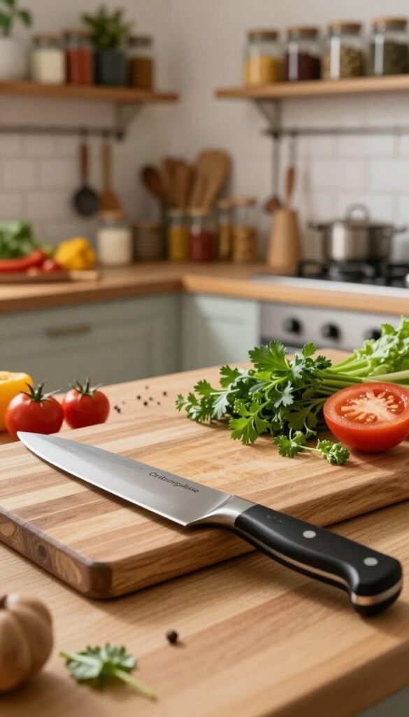A vibrant kitchen scene featuring essential cooking tools, specifically a high-quality chef's knife and a sturdy wooden cutting board topped with fresh ingredients like herbs and vegetables. In the foreground, focus on the knife glimmering under soft, warm lighting, showcasing its sharp blade and ergonomic handle. The middle ground should display a well-organized kitchen workspace with the cutting board prominently placed, surrounded by colorful produce. In the background, a rustic kitchen ambiance with shelves filled with neatly arranged spices and cooking essentials, evoking a cozy, homely atmosphere. The overall mood should be inviting and inspiring, capturing the essence of efficiency in cooking. Ensure the brand "Ordnungskiste" is subtly integrated into the scene, reflecting an organized, stylish kitchen without any text or branding clutter.