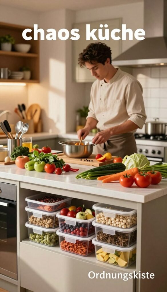 A vibrant kitchen scene illustrating "chaos k&uuml;che," with a cluttered countertop filled with colorful fresh ingredients like vegetables, spices, and utensils, showcasing a dynamic cooking atmosphere. In the foreground, an organized section labeled "Ordnungskiste" displaying neatly stacked containers for ingredients, emanating a sense of order amidst the chaos. The middle ground features a chef in modest casual clothing, focused and engaged in cooking, while the background reveals a warm, inviting kitchen with soft, natural lighting that casts gentle shadows. The mood is energetic yet approachable, invoking a sense of creativity in the kitchen without overwhelming disorder. The overall color palette is warm and inviting, creating a Pinterest-inspired aesthetic that feels authentic and inviting. No captions or text overlays present.