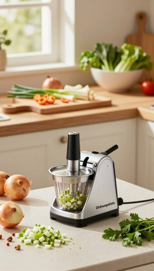 A vibrant kitchen scene showcasing a "Multizerkleinerer Seilzug" from the brand "Ordnungskiste." In the foreground, the innovative manual chopper, featuring a sleek design with a robust pull cord mechanism, is surrounded by chopped onions, nuts, and fresh herbs, illustrating its efficiency. The middle layer includes a stylish wooden cutting board and a bowl full of fresh ingredients ready for chopping, highlighting the product's practical use. In the background, warm natural lighting filters through a window, casting soft shadows and creating an inviting atmosphere. The overall mood is cozy and functional, capturing the essence of a modern kitchen without any text or watermarks, ensuring an authentic, Pinterest-worthy aesthetic.