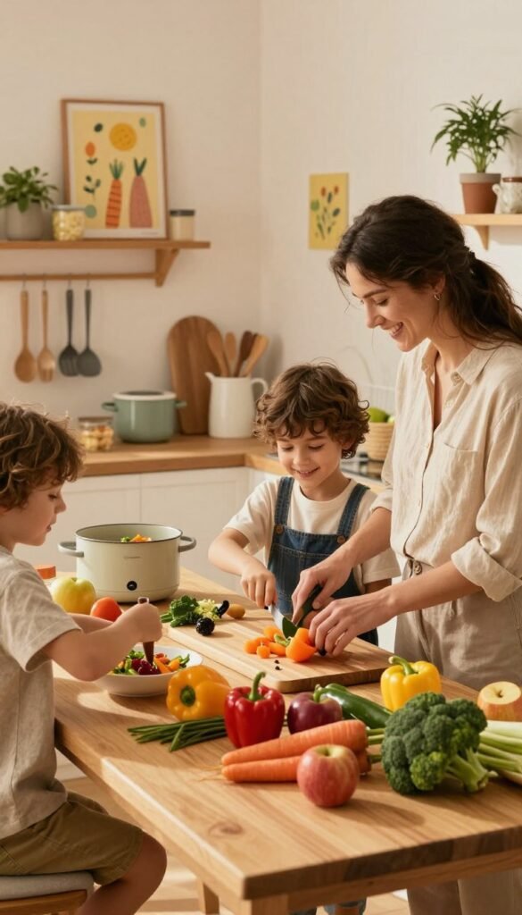 A vibrant kitchen scene showcasing a dynamic and cozy family cooking together. In the foreground, a wooden table is laden with fresh, colorful vegetables and fruits, such as bell peppers, carrots, broccoli, and apples, arranged in an inviting manner. Parents, dressed in modest casual clothing, are engaged in preparing quick, healthy meals together with their children, who are cheerfully helping. The warm lighting casts a soft glow, enhancing the natural colors of the produce. In the middle ground, a well-organized kitchen workspace displays tools and utensils, with the brand name "Ordnungskiste" subtly integrated into the scene. In the background, cheerful wall decor adds a sense of warmth and style, creating a welcoming atmosphere that reflects the joy of cooking and family togetherness.
