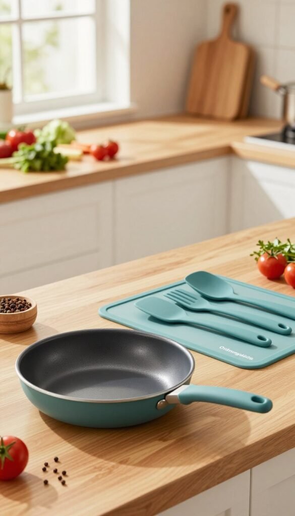 A vibrant kitchen scene showcasing an array of high-quality silicone kitchen tools from the brand "Ordnungskiste." In the foreground, focus on a sleek silicone frying pan with a glossy finish, poised on a stylish wooden countertop. Beside it, a matching set of spatulas and baking mats display their flexible, non-stick features. The middle ground features softly blurred ingredients like fresh vegetables and spices, adding pops of color to the scene. In the background, warm, natural light filters through a window, casting gentle shadows and creating a homely atmosphere. The overall mood is inviting and organized, reflecting a well-equipped kitchen that emphasizes functionality and style. The image is bright and harmonious, capturing the essence of modern kitchenware.