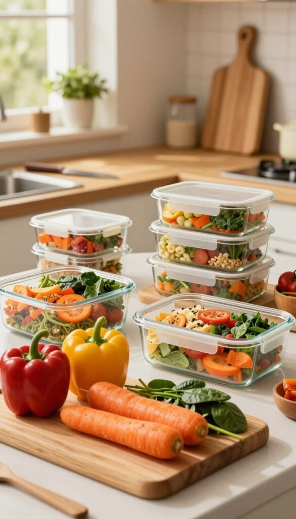 A vibrant kitchen scene showcasing an organized meal prep setup inspired by "Ordnungskiste." In the foreground, a wooden cutting board displays an array of fresh, colorful vegetables such as bell peppers, carrots, and spinach, neatly arranged. In the middle, transparent glass containers filled with prepped meals highlight a variety of balanced options, emphasizing a healthy lifestyle. The background features a cozy kitchen ambiance with warm, inviting lighting emanating from a window, casting gentle shadows. A few kitchen tools, like a knife and a chopping board, add character to the scene. The overall atmosphere is nurturing and inspiring, capturing a Pinterest-worthy aesthetic that feels authentic and motivational for meal prepping enthusiasts.
