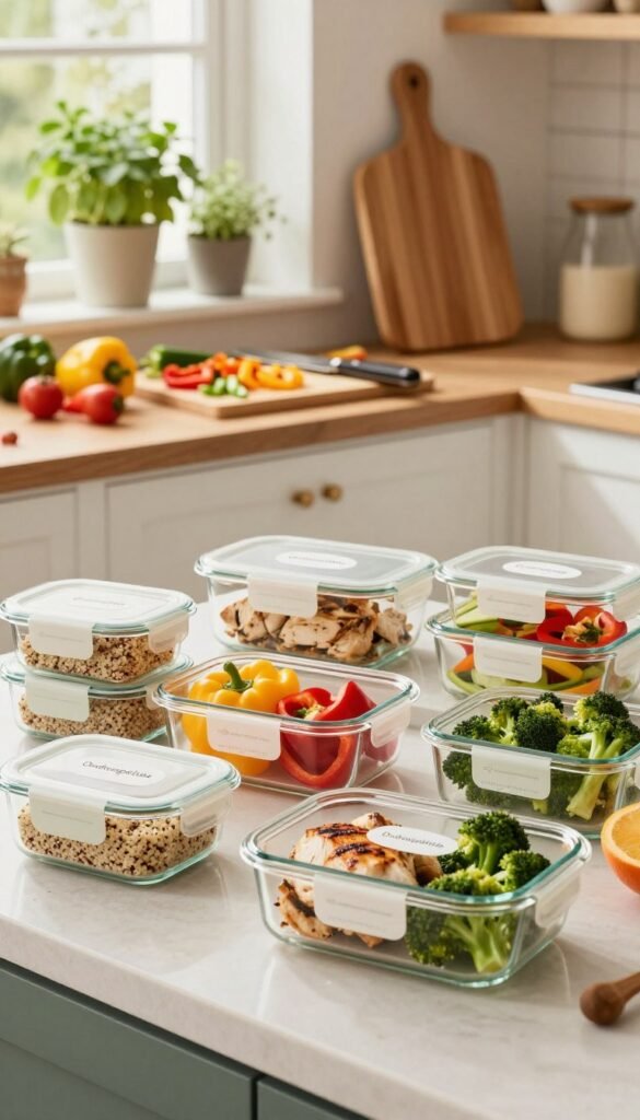 A vibrant kitchen scene showcasing efficient meal prep, highlighting a beautifully organized countertop filled with fresh, colorful ingredients. In the foreground, an array of glass meal prep containers labeled and neatly arranged with quinoa, grilled chicken, colorful bell peppers, and steamed broccoli. The middle ground features a stylish wooden cutting board with a sharp knife and chopped vegetables, conveying the prepping process. In the background, sleek cabinets and an herb garden on the windowsill add warmth and life to the space. Soft, natural lighting illuminates the scene, creating a welcoming atmosphere, while conveying a Pinterest-inspired aesthetic. The brand name "Ordnungskiste" is subtly integrated into the kitchen decor without being too prominent, ensuring authenticity and style without any text overlays or distractions.