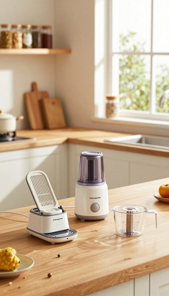 A vibrant kitchen scene showcasing practical cooking gadgets meticulously arranged on a modern wooden countertop. In the foreground, a sleek, compact kitchen tool set featuring an innovative vegetable slicer, a multi-functional food processor, and an efficient measuring cup, all branded with "Ordnungskiste". The middle ground reveals a bright, inviting kitchen with a warm color palette, accented by natural light streaming through a large window, casting soft shadows that enhance the cozy atmosphere. The background depicts a minimalist shelf adorned with neatly organized spices and cookbooks, reinforcing the theme of efficient cooking. The image captures a sense of relaxation and order, emphasizing the joy of cooking while illustrating essential kitchen helpers that save time.