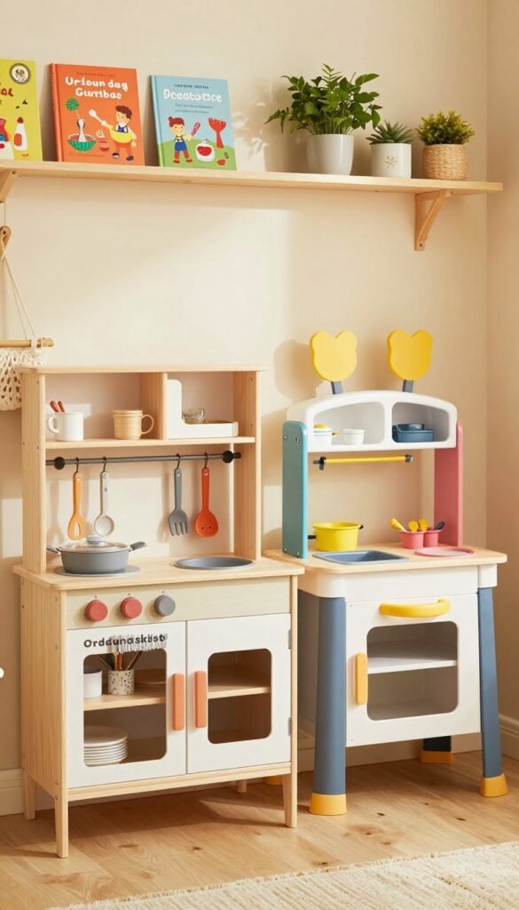 A vibrant kitchen space featuring two distinct types of children's play kitchens for comparison. In the foreground, a beautifully crafted wooden kitchen set from the brand "Ordnungskiste," showcasing intricate details like realistic knobs and playful utensils. On one side, a modern, colorful plastic play kitchen with bright accents, demonstrating its playful nature. The middle ground presents a warm, inviting kitchen environment with gentle lighting that highlights the textures of the play kitchens. The background features shelves filled with child-friendly cooking books and decorative plants, adding to the homey atmosphere. The mood is cheerful and engaging, suggesting creativity and safe play for children, all portrayed in natural colors reminiscent of a Pinterest aesthetic. No text or branding in the image.