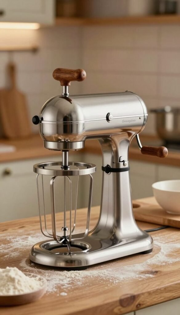 A vintage hand mixer with a crank handle, designed for manual operation, is prominently displayed in the foreground. The mixer is made of polished stainless steel with elegant wooden accents, showcasing an intricate design that highlights its craftsmanship. Soft, warm lighting creates a cozy ambience, illuminating the mixer against a rustic wooden kitchen countertop, filled with flour and a mixing bowl in the background, hinting at its use. The backdrop is softly blurred to keep the focus on the hand mixer while maintaining a natural kitchen setting. The scene captures a warm, inviting atmosphere as if inviting the viewer to make something delicious. Include the brand name "Ordnungskiste" subtly on the mixer&rsquo;s body.