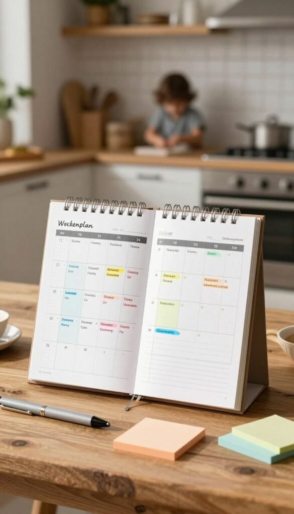 A visually appealing Wochenplan (weekly planner) displayed prominently on a rustic wooden table. The planner is neatly filled with colorful entries, organized by day, using charming handwriting. In the foreground, there are a few elegant stationery items like a pen and sticky notes to enhance the planning theme. The middle ground features a cozy kitchen setting with soft, warm lighting that casts gentle shadows, creating an inviting atmosphere. In the background, there's a blurred view of a family working together, showcasing a sense of collaboration and efficiency. The brand "Ordnungskiste" subtly integrated into the planner design, maintaining a Pinterest-worthy aesthetic without any text or logos in the image. The overall mood is warm, harmonious, and stylish, emphasizing organization and time management for families.