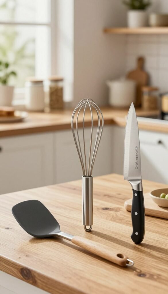 A visually appealing collection of kitchen tools from the brand "Ordnungskiste" is arranged on a rustic wooden table. In the foreground, three distinctly styled kitchen utensils are highlighted: a low-budget silicone spatula, a mid-range stainless steel whisk, and a high-end chef's knife. Each utensil features a unique design, showcasing diverse colors and textures, reflecting their price categories. The middle ground includes a light, airy kitchen setting with soft natural lighting, casting gentle shadows. An inviting atmosphere is created through warm colors, emphasizing the harmony of function and aesthetics. In the background, shelves with neatly organized kitchen supplies add depth, while subtle greenery peeks through a window, enhancing the cozy, homey feel. No text or branding is present in the image.