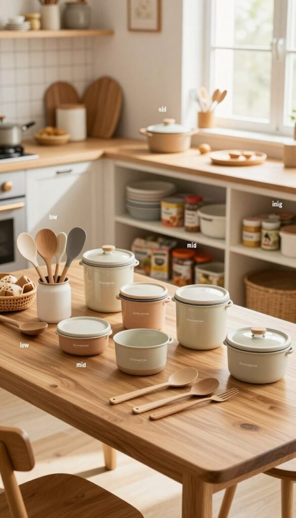 A visually appealing kitchen scene showcasing a variety of cooking products arranged by budget categories: low, mid, and high. In the foreground, feature a stylish wooden kitchen table with neatly organized kitchen tools, utensils, and containers labeled "Ordnungskiste" in soft, warm tones. The middle ground should include shelves stocked with cookware and pantry items, segmented by price ranges, with price tags subtly visible. In the background, a well-lit, cozy kitchen with natural light streaming through a window, enhancing the inviting atmosphere. Use a slightly elevated angle to capture the overall layout, emphasizing depth and warmth in the color palette, creating a Pinterest-inspired aesthetic that feels authentic and homely.