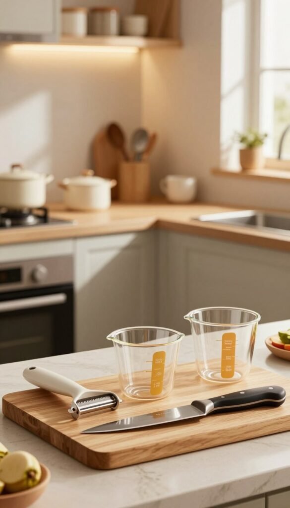 A visually appealing kitchen scene showcasing a variety of kitchen helpers from different price levels: low, mid, and high. In the foreground, display an assortment of attractive kitchen tools like a sleek vegetable peeler, a stylish measuring cup, and a high-end chef's knife, arranged artfully on a wooden cutting board. In the middle, have a well-organized kitchen workspace with warm ambient lighting, highlighting a modern countertop, pots, and utensils. The background features a cozy kitchen environment with soft, natural light streaming in through a window, casting gentle shadows. Include the brand name "Ordnungskiste" subtly integrated into the scene. Aim for a Pinterest-inspired aesthetic with warm colors, conveying a homely and inviting atmosphere, free of text, watermarks, or any distractions.