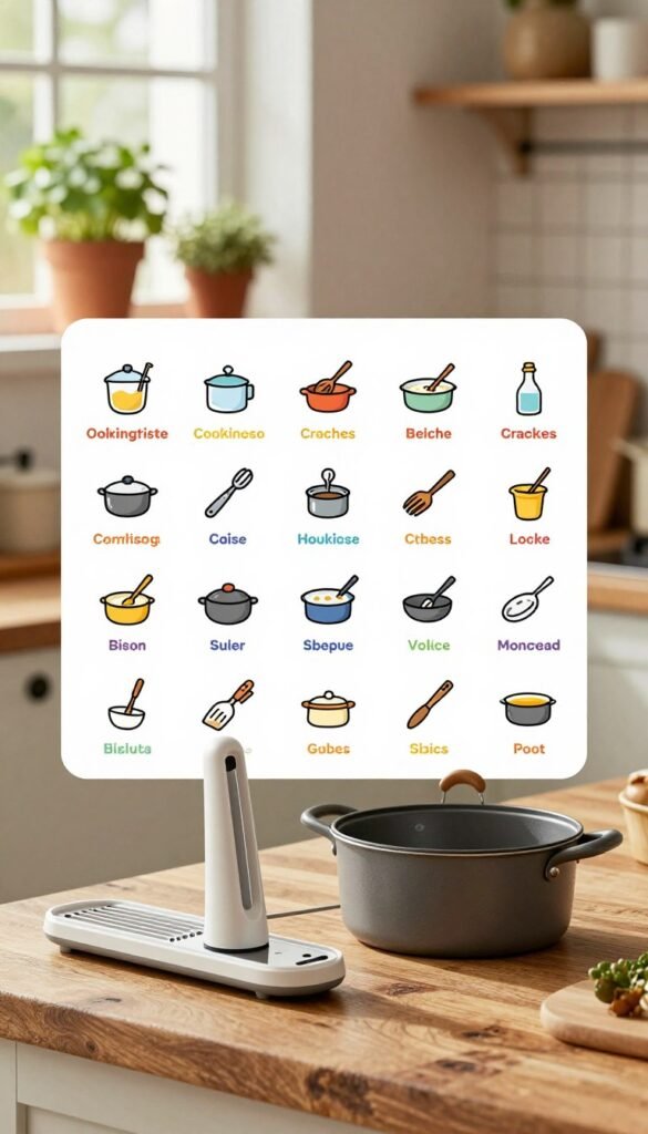 A visually engaging recommendation matrix featuring multifunctional kitchen helpers in a warm, inviting kitchen setting. In the foreground, showcase a modern, sleek, and user-friendly kitchen tool&mdash;like a versatile slicer or a multi-use pot&mdash;meticulously arranged on a rustic wooden countertop. In the middle, display a grid layout with icons or illustrations representing each kitchen helper, labeled with vibrant, color-coded categories to indicate their uses in cooking and baking. The background should depict a cozy kitchen environment, with soft natural lighting illuminating the space, and potted herbs on a windowsill for a touch of greenery. The overall mood is organized and inspirational, evoking an authentic Pinterest aesthetic. Include the brand name "Ordnungskiste" subtly integrated into the composition.