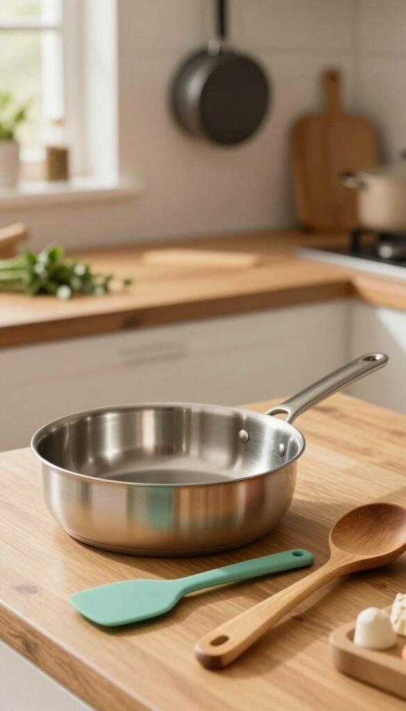 A visually engaging still life featuring various kitchen utensils made from different materials: stainless steel, silicone, plastic, and wood. In the foreground, showcase a sleek stainless steel pan with a polished finish, a soft silicone spatula, a vibrant plastic spoon, and a beautifully crafted wooden ladle arranged aesthetically. The middle ground should include a warm wooden kitchen counter and an inviting kitchen setting, with a hint of herbs and spices subtly placed for added detail. In the background, incorporate soft-focus elements like hanging pots and a window letting in gentle, natural light, creating a cozy atmosphere. The overall mood is inviting and harmonious, employing warm colors that evoke a Pinterest-inspired aesthetic. The brand name "Ordnungskiste" is subtly suggested through the arrangement but not explicitly shown.
