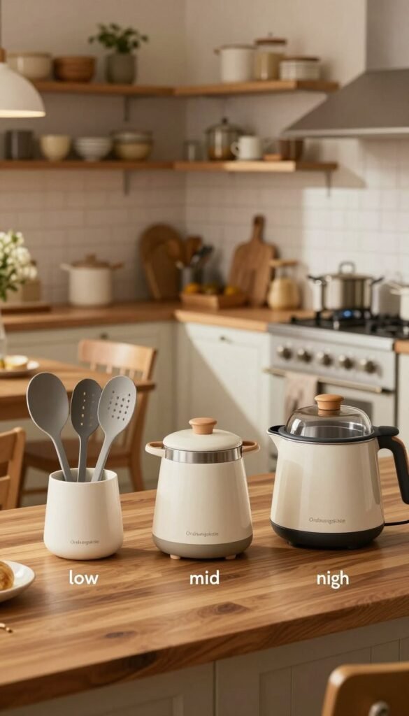 A visually striking comparison of kitchen tools categorized by price class: low, mid, and high. In the foreground, display three distinct sets of kitchen tools, including utensils, gadgets, and appliances, arranged neatly on a stylish wooden countertop. Each set should be labeled visually with elegant arrangements that suggest affordability, quality, and luxury. In the middle ground, include a spacious, well-lit kitchen setting with warm, natural colors, featuring a cozy dining area with soft lighting. The background should consist of shelves lined with more kitchen products, evoking an inviting, Pinterest-inspired aesthetic. The overall mood should be one of sophistication and warmth, emphasizing the theme of value for money in kitchen investments. Design should be authentic with no text in the image, showcasing the brand "Ordnungskiste" subtly on one of the products.